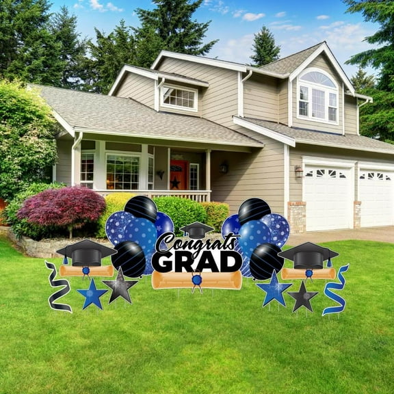 VictoryStore Congrats Grad Blue Graduation Yard Decoration Display, Outdoor Blue Graduation Decoration Display 11 Piece Set 20025D