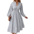thumbnail image 2 of hirigin Women Casual Dress, V Neck Buttons Down Long Lantern Sleeve Dress, High Waist Ruffle Hem Stripe Midi Dress, 2 of 7