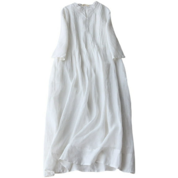 Summer Dress Saving! Women's Casual Plus Size Retro Cotton Linen Double-layer Lace-up Waist Retraction Travel Holiday Dress White XXL