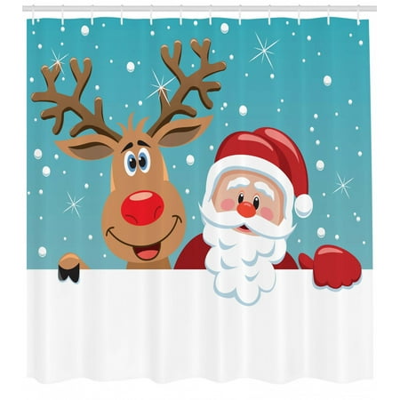 Santa Bathroom Set Santa Shower Curtain, Cute Rudolph Deer and Santa Claus Greeting the New Year Happily in Cartoon Style, Fabric Bathroom Set with Hooks, 69W X 70L Inches, Multicolor, by Ambesonne ()