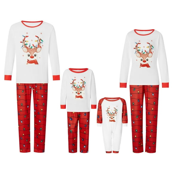 Elippeo Family Matching Christmas Pajamas, Baby Romper/Deer Print Long Sleeve Tops and Colorful Light String Print Pants Sleepwear Set