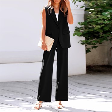 Women's 2-Piece Blazer Set - Sleeveless Vest With Wide Leg Pants Business Casual Outfit
