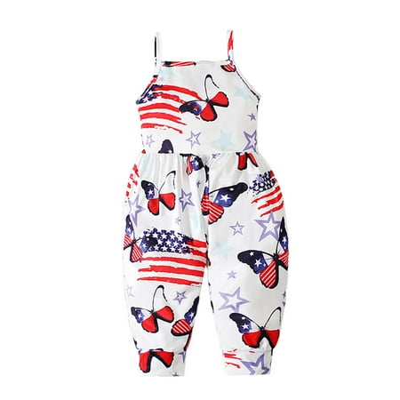 

Toddler Baby Girls Jumpsuit Independence Day Pattern Strap Sleeveless Romper with Pockets Haren Pants Summer Casual One Piece Outfits