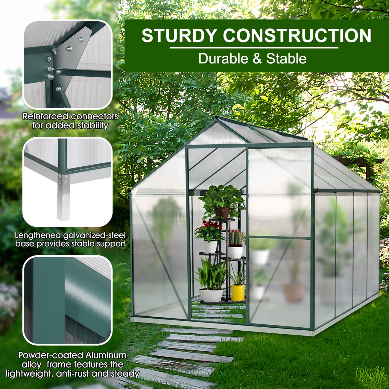Polycarbonate Greenhouse with Window for Winter,Garden Green House Kit for Backyard/Outdoor Use JULY'S SONG 6'L x 6'W Greenhouse 