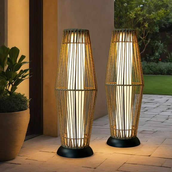 Outdoor Floor Lamp 2 Piece Solar Powered Lantern Wicker Solar Patio Lamp