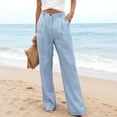 thumbnail image 6 of Breathable Soft Linen Pants for Women Wide Leg Straight Button Trousers High Waisted Pleated Front with Pockets Daily Wear Summer Fashion Slacks, #02 Light Blue, L, 6 of 6