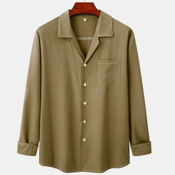 QUINDOS Men's Shirts,Men's Fall And Winter Fashion Casual Daily Long Sleeve Solid Color Loose Pocket For Long Sleeve Turndown Collar Comfort Daily T Shirt