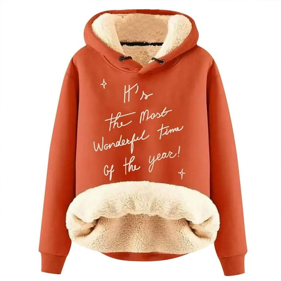 Fashionable Christmas Literary Letter Print Women's Autumn Winter Velvet Thickened Warm Cardigan Hooded Sweatshirt Cozy Casual Pullover