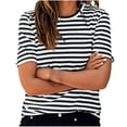 thumbnail image 2 of ZQGJB Womens Striped T-Shirts Casual Summer Short Sleeve Crew Neck Basic Slim Fit Tunic Blouse Trendy Oversized Cotton Pullover Tops Black L, 2 of 6