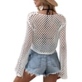 thumbnail image 5 of Women Mesh Crochet Crop Top See Through Cover Up for Bikini Hollow Out Fishnet Long Sleeve T-Shirt Top, 5 of 6
