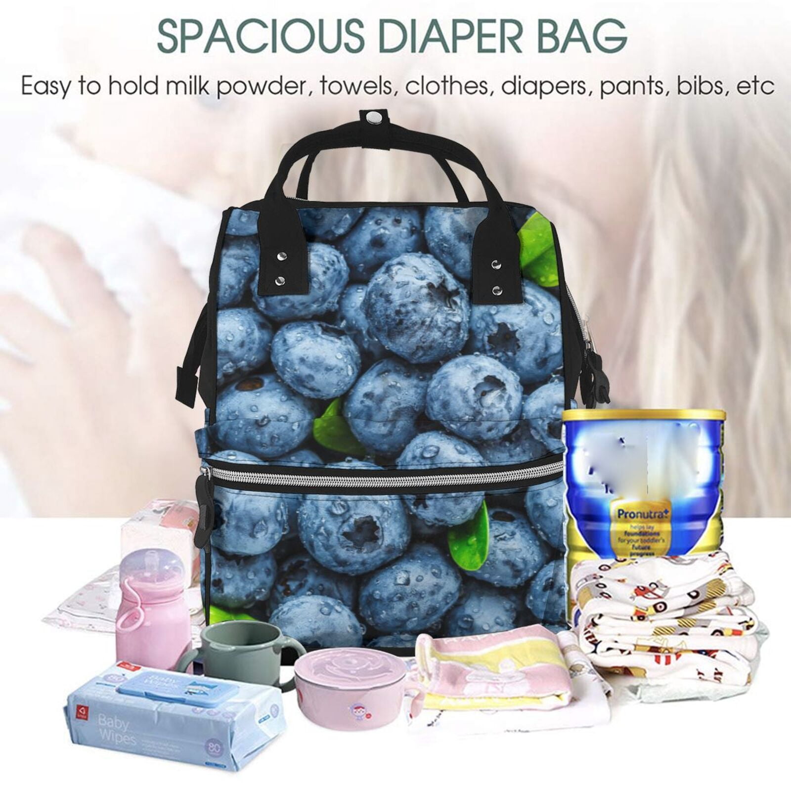 Ratiio Fresh Blueberries Mummy Backpack - Waterproof Twill Canvas, Large Capacity Diaper Bag with Multiple Pockets and Adjustable Straps