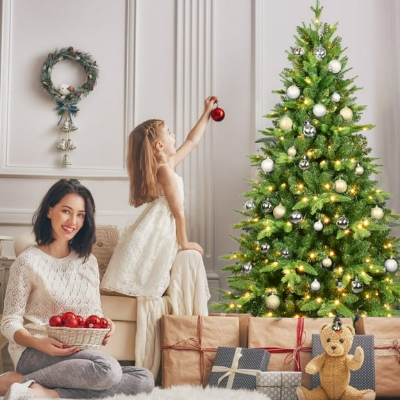 7ft Pre-Lit Christmas Tree with 450 Warm White LED Lights, 1692 Tips Realistic PE PVC Hinged Tree with Metal Stand, Full Artificial Xmas Tree for Holiday Decoration