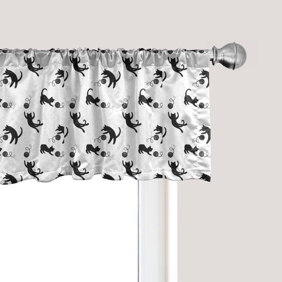Ambesonne Cat Window Valance, Chasing After Yarn Balls, 54" X 12", Black White