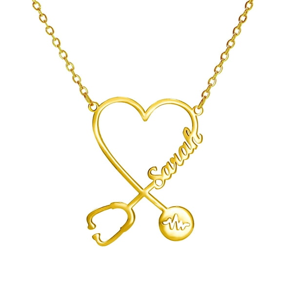 Two Name Custom Necklace Custom Stainless Steel Name Love Heart Pendant Personalized Stethoscope Heartbeat Name Necklace for Women Valentine's Day Gift