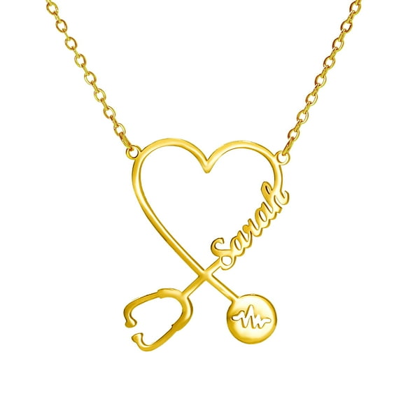 Two Name Custom Necklace Custom Stainless Steel Name Love Heart Pendant Personalized Stethoscope Heartbeat Name Necklace for Women Valentine's Day Gift