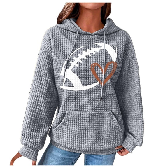 felwors Women's Oversized Waffle Knit Hoodie with Football & Heart Graphic - Casual Kangaroo Pocket Sweatshirt Grey, XL