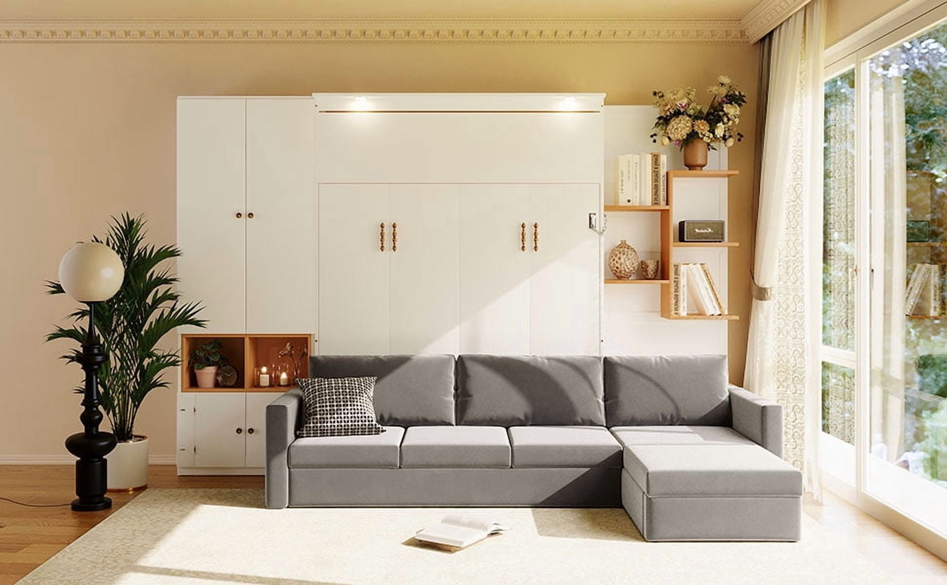 Mintazer Queen Size Murphy Bed with L-Shaped Sofa & Storage, Modern Folding Wall Bed with Lights & Cabinets for Home Office, White & Gray