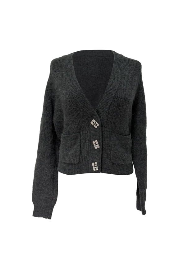 Pre-Owned Ganni V-Neck Cardigan in Grey Wool