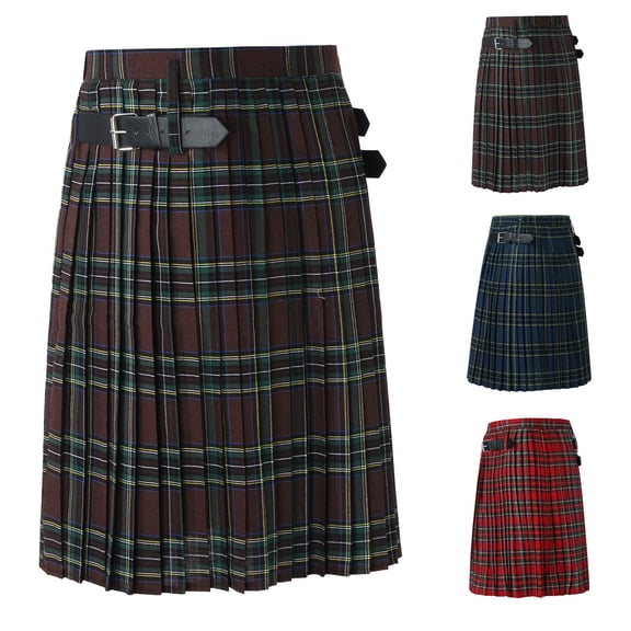 Blekii Men's Plaid Pleated Skirt, Scottish Tartan Kilt Style with Contrast Waistband, Fashion Novelty Bottoms for Parties, Unique Streetwear Statement Piece, Bold Fashion Choice for