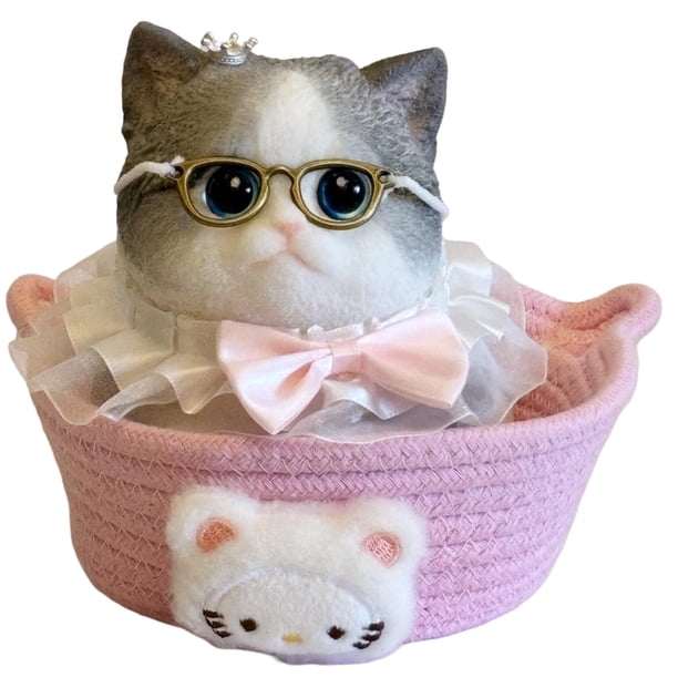Gato Squishy Gigante Big Taba - Juguete Kawaii Antiestrés Jumbo de 15 cm con Cesta Tejida y Gafas (Blanco y Gris)