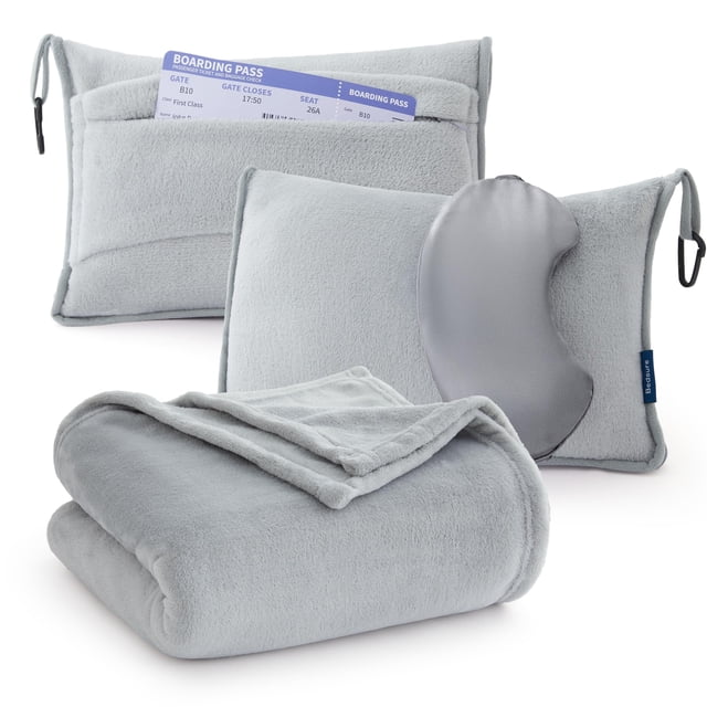 Manta de viaje Bedsure Airplane Compact con bolsa de almacenamiento gris