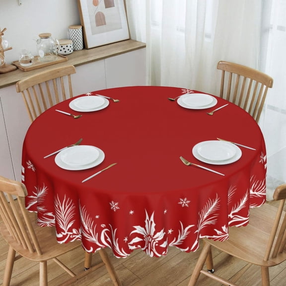 Red Background With White Winter Round Tablecloth Waterproof Table Cloth Stain and Wrinkle Resistant Washable, Decorative Fabric Table Cover for Dining, Party and Camping