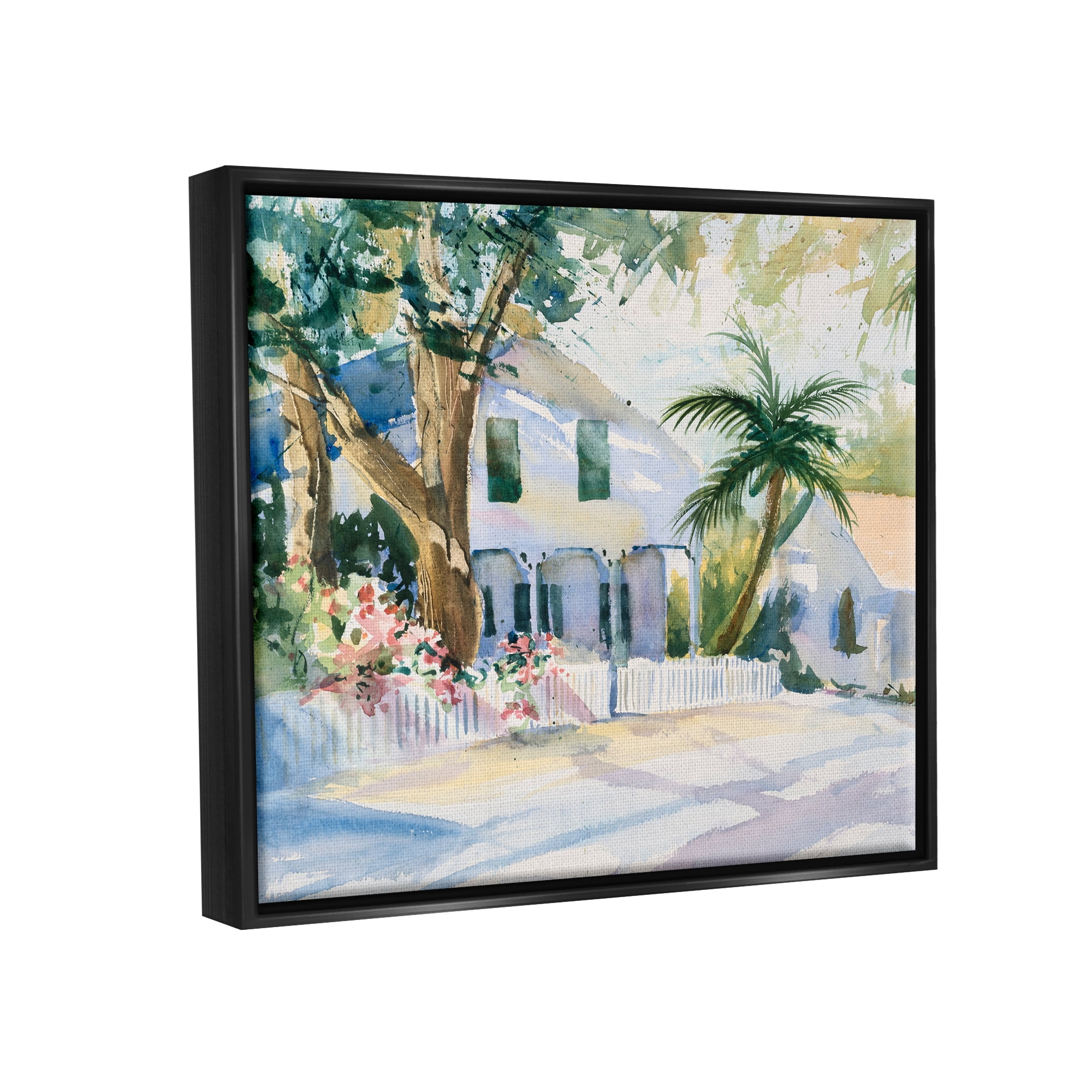 Stupell Industries Seaside Neighborhood Palm Trees Coastal Painting Black Floater Framed Art Print Wall Art