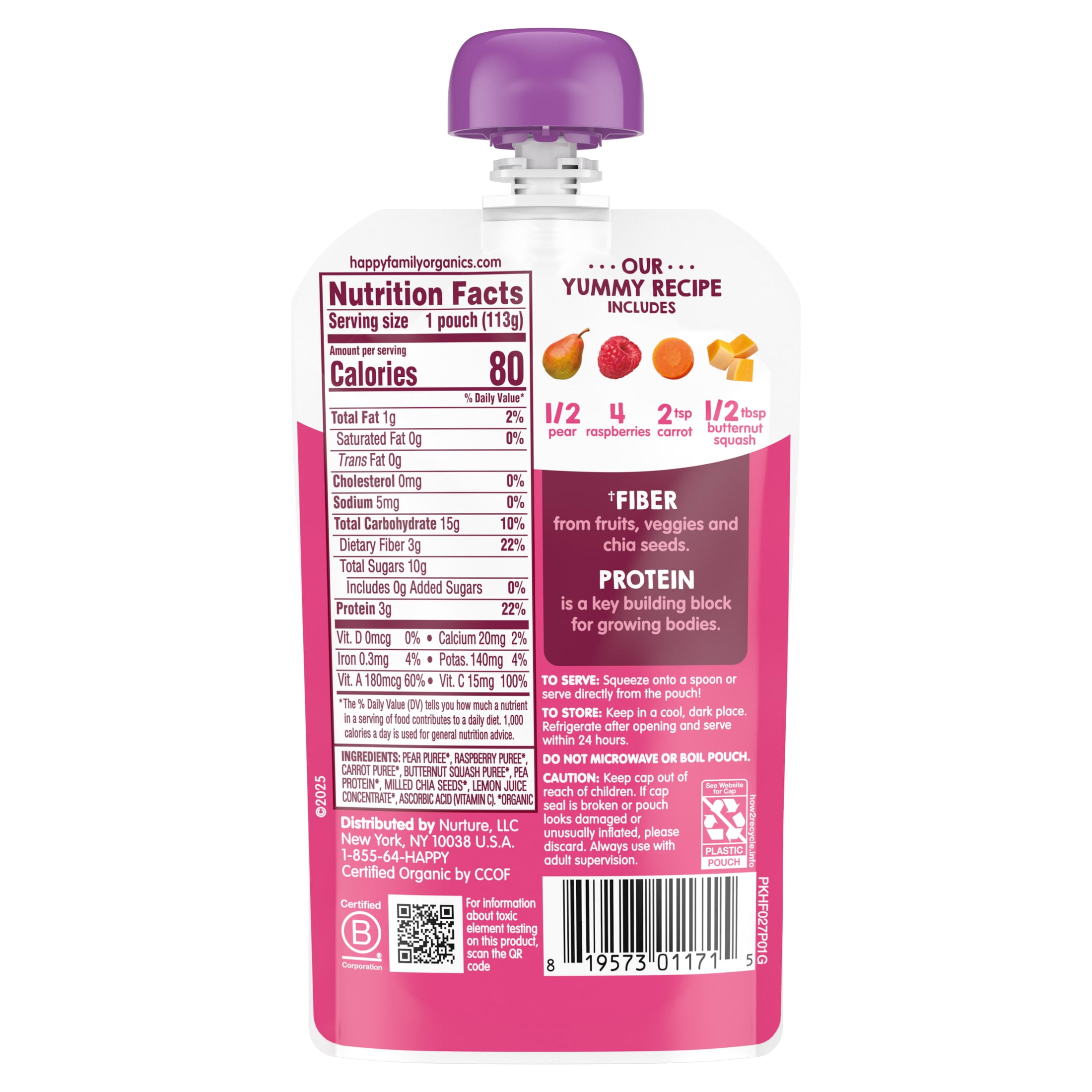 (3 pack) Happy Tot Organics Fiber & Protein Stage 4, Pears Raspberries Carrots & Butternut Squash Organic Tot Food, 4 oz. Pouch