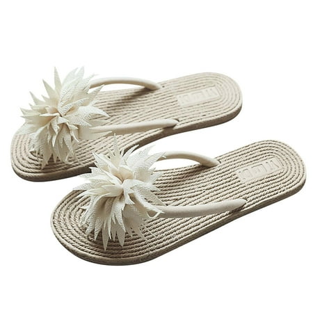 XZNGL Flip Flops Summer Ladies Imitation Straw Flip Flops Flowers Flat ...