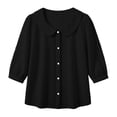 thumbnail image 3 of GERsome Short Sleeve T-Shirts for Women Button Down Summer Comfy Cotton Linen Summer Collared Tops,Black,Size XL, 3 of 9