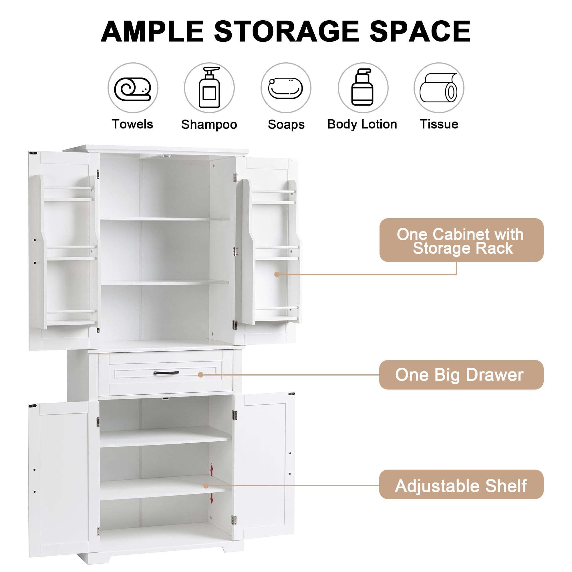MAYEERTY Bathroom Cabinet Doors Drawer Multiple Storage Adjustable Shelf White