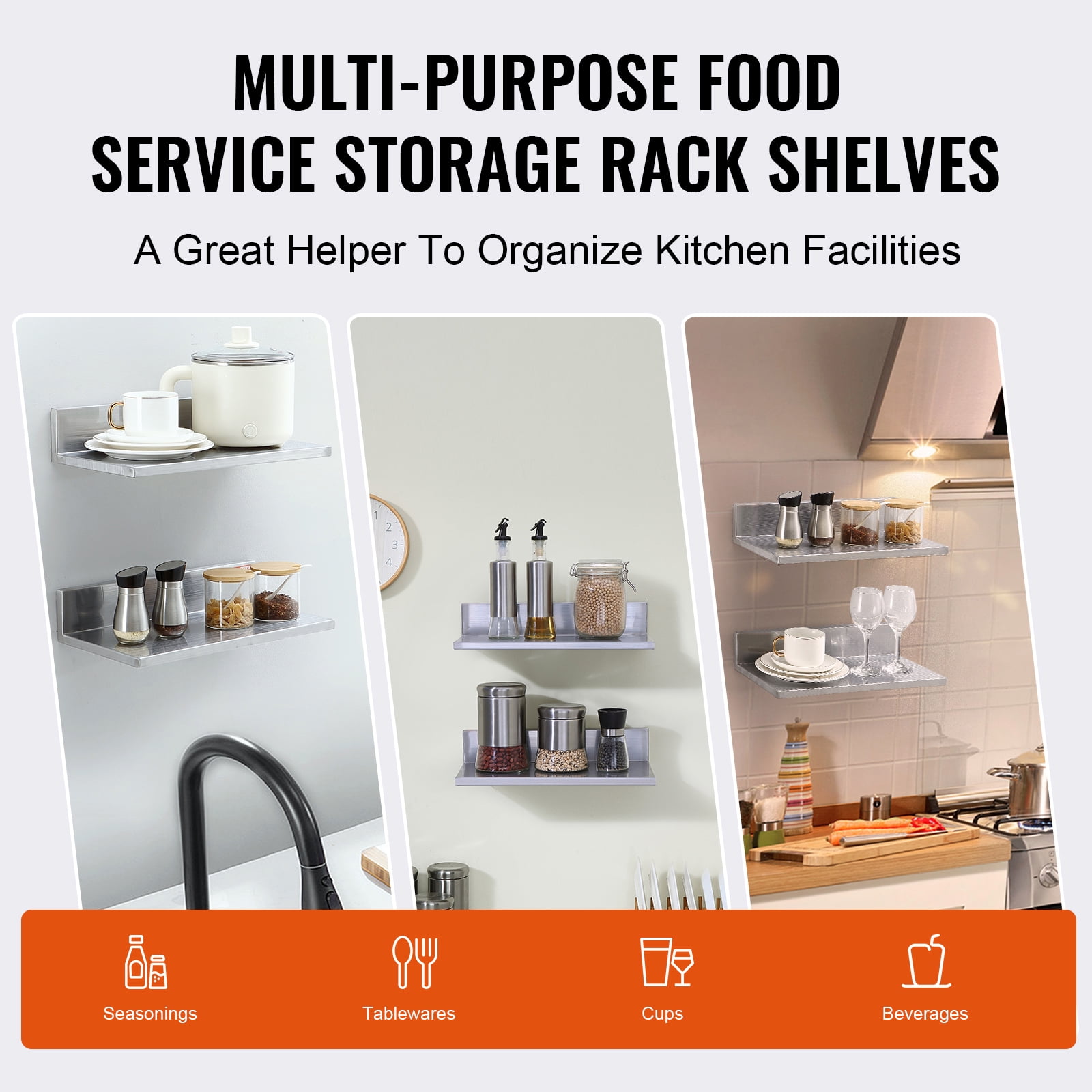 KFFKFF 8.6" x 16" Stainless Steel Wall Shelf 2 Pcs, Floating Shelf with Backsplash, 44 lbs Load Capacity, Durable Storage Rack for Kitchen, Restaurant, Bar, Home, and Hotel Use