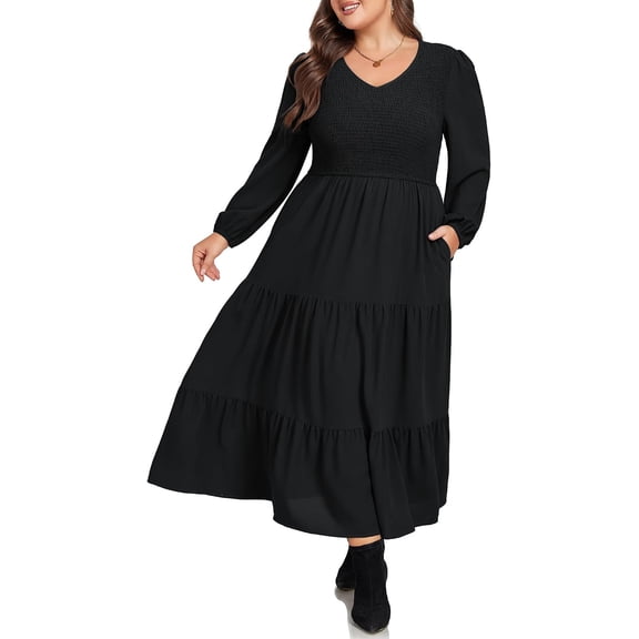 Women Plus Size Fall Dresses Long Sleeve V Neck Dress Maxi Casual Flowy Tiered 2026 Dress with Pockets