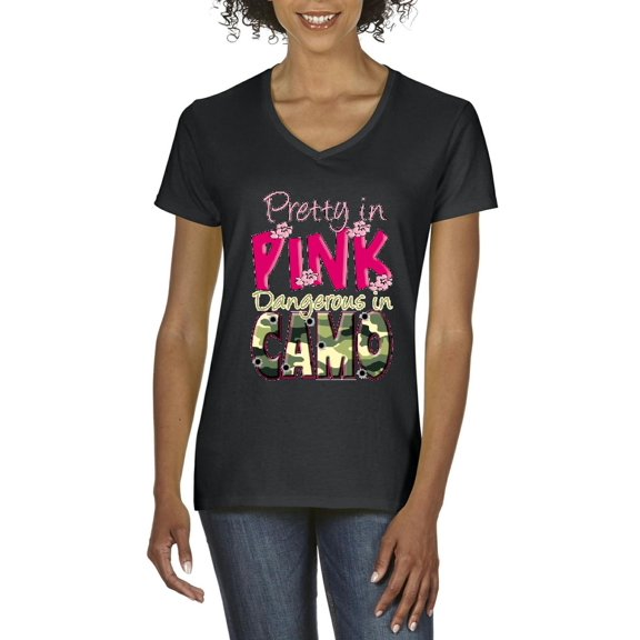 IWPF - Women's T-Shirt V-Neck Short Sleeve - Pretty in Pink Dangerous in Camo