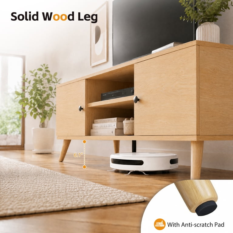 EDX Retro-Modern TV Stand with Soft-Close Cabinets, Natural Wood photo 4