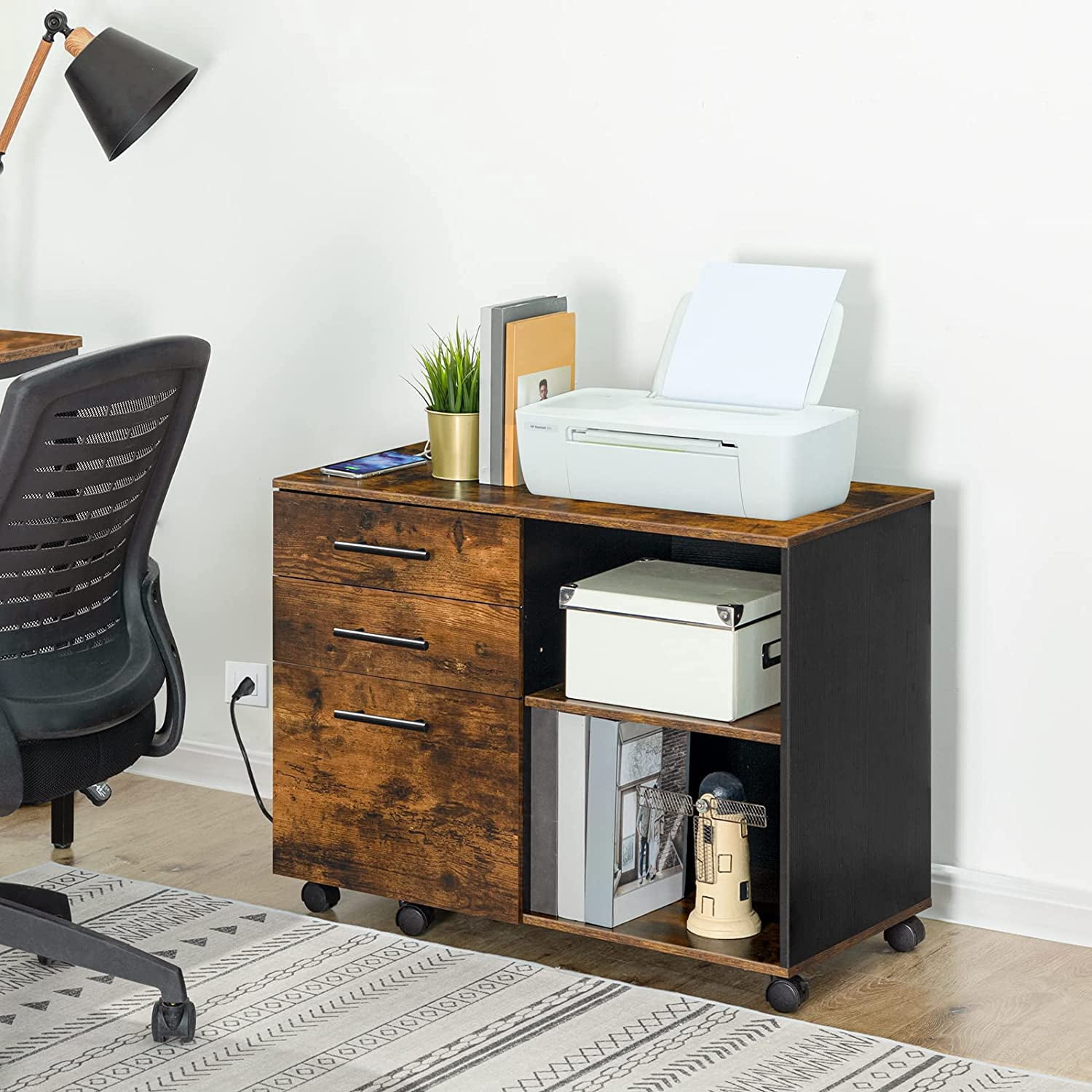 HOOBRO Lateral File Cabinet with Charging Station, 3 Drawers, Printer Stand & Hanging Files, Black
