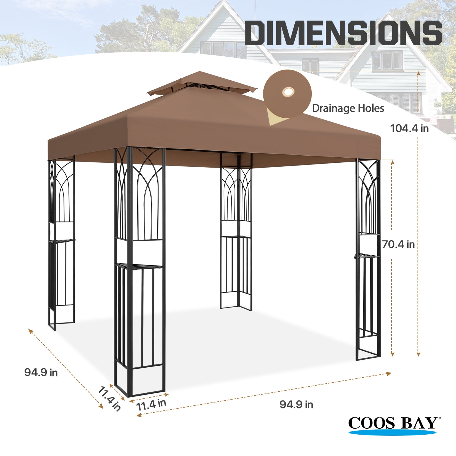 COOS BAY 8x8 Outdoor Patio Gazebo with Corner Shelves, Two-Tier Soft Top Canopy for Backyard, Lawn, Deck and Garden, Brown