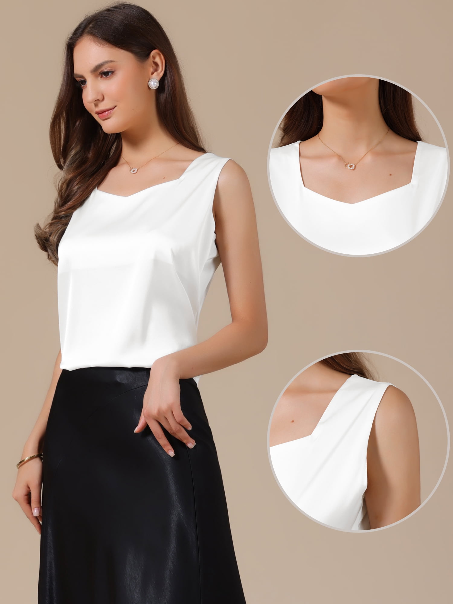 DARING DIVA Women's Satin Tank Tops V Neck Dressy Casual Sleeveless Silk Camisole Top M White