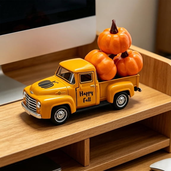 Thanksgiving Truck Decor Indoor, Fall Orange Maple Leaf Pumpkin Metal Truck Decorations for Home Indoor, Mini Cute Pumpkin Tiered Tray Decor, Farmhouse Kitchen Tabletop Centerpiece Decorations