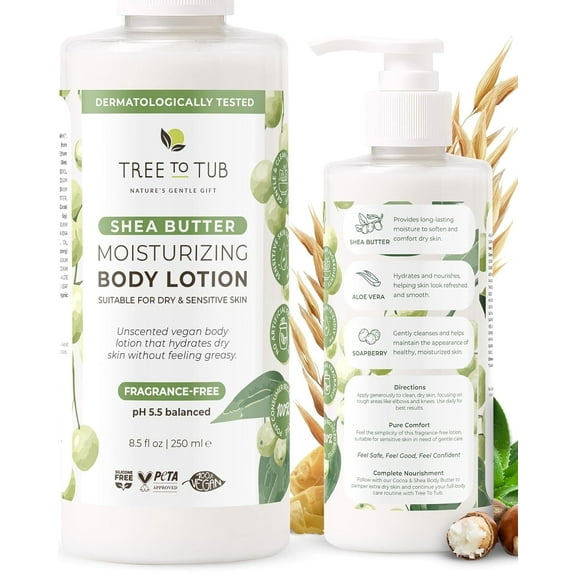Tree To Tub Cocoa Butter Lotion for Sensitive Skin - Moisturizing Shea Butter Lotion for Extremely Dry Skin for Women & Men - Lemongrass & Coconut Body Cream