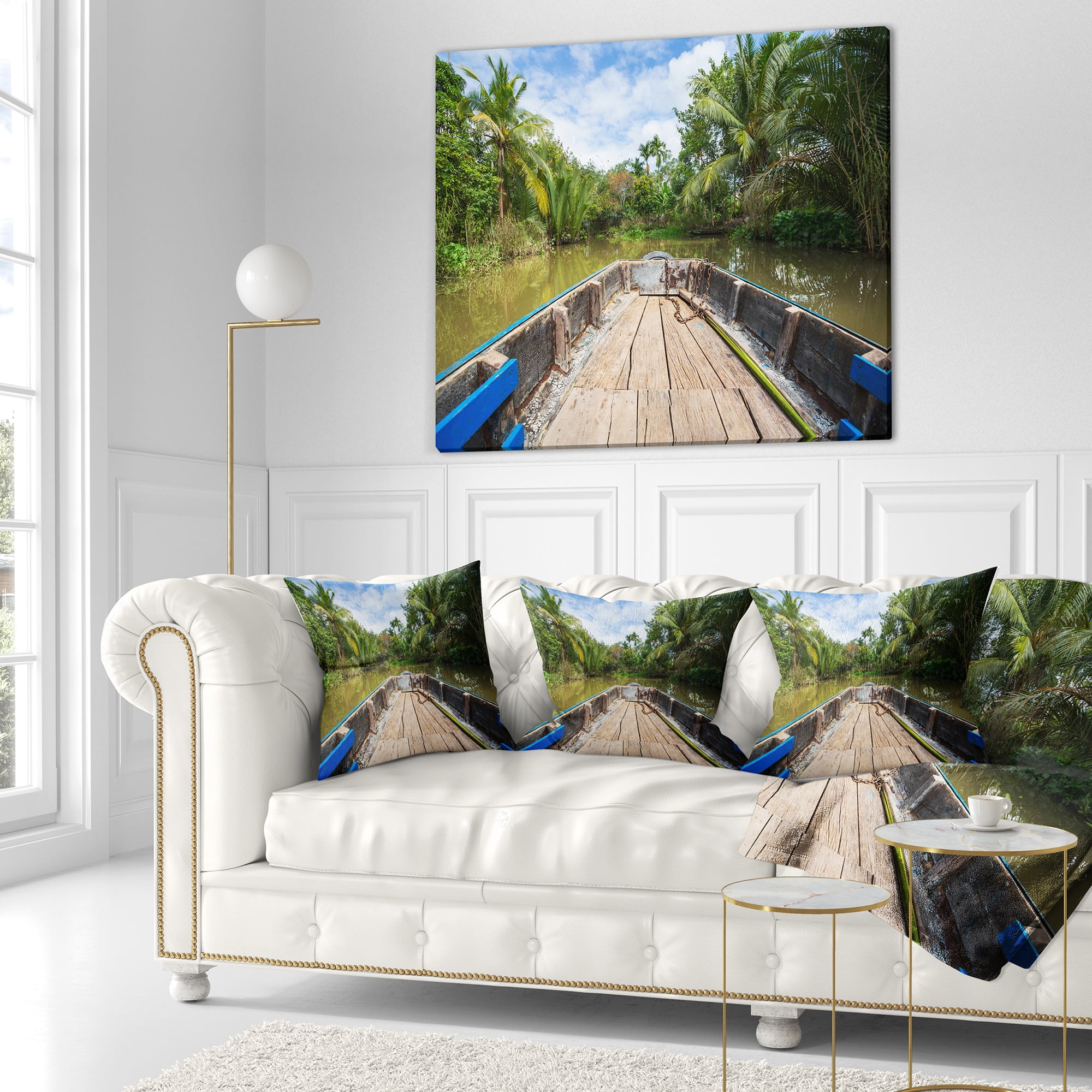 Designart Boat in Mekong River Vietnam - Landscape Printed Throw Pillow - 18x18