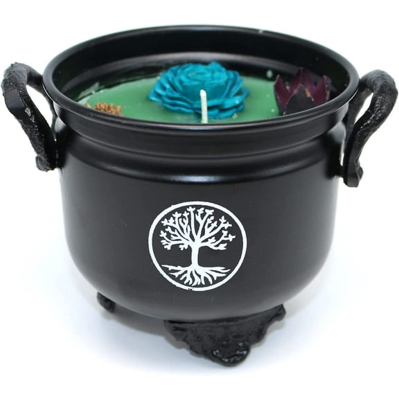 Soul Sticks 4" Metal Cauldron Amber Patchouli Scented Candle with Dried Flowers with Handle Reusable for Spells, Smudging, Rituals & Blessings