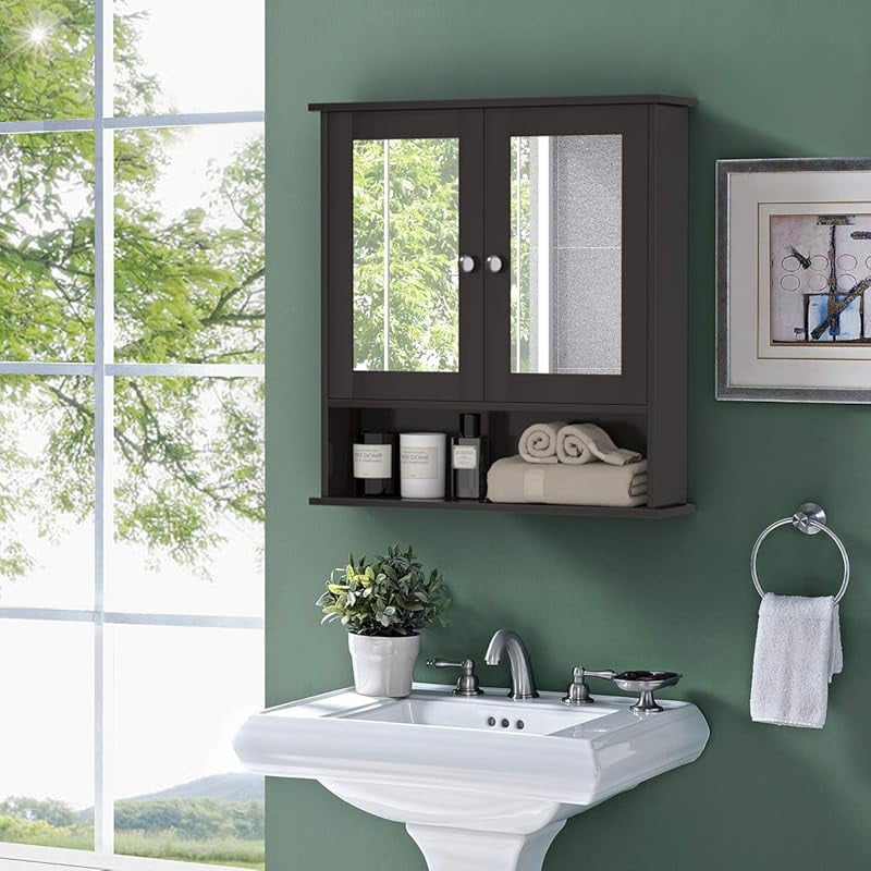Bathroom Medicine Cabinet with Mirror, Wall Mounted Wooden Hanging Organizer with Doors and Shelves, Bathroom Wall Mirror Cabinet