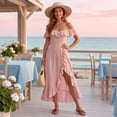 thumbnail image 6 of UDAUDU Off The Shoulder Dress for Women 2026 Bridesmaid Dresses Spring Summer Wedding Guest Gowns Ruffle Neck Prom Dress with Slit Pink 2XL, 6 of 8