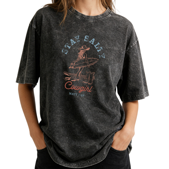 Coastal Cowgirl Stay Salty Surfboard Wash Print Tshirt S-2XL Washed Black Graphic Tees Casual Shirts for Christian Cowgirl Tops