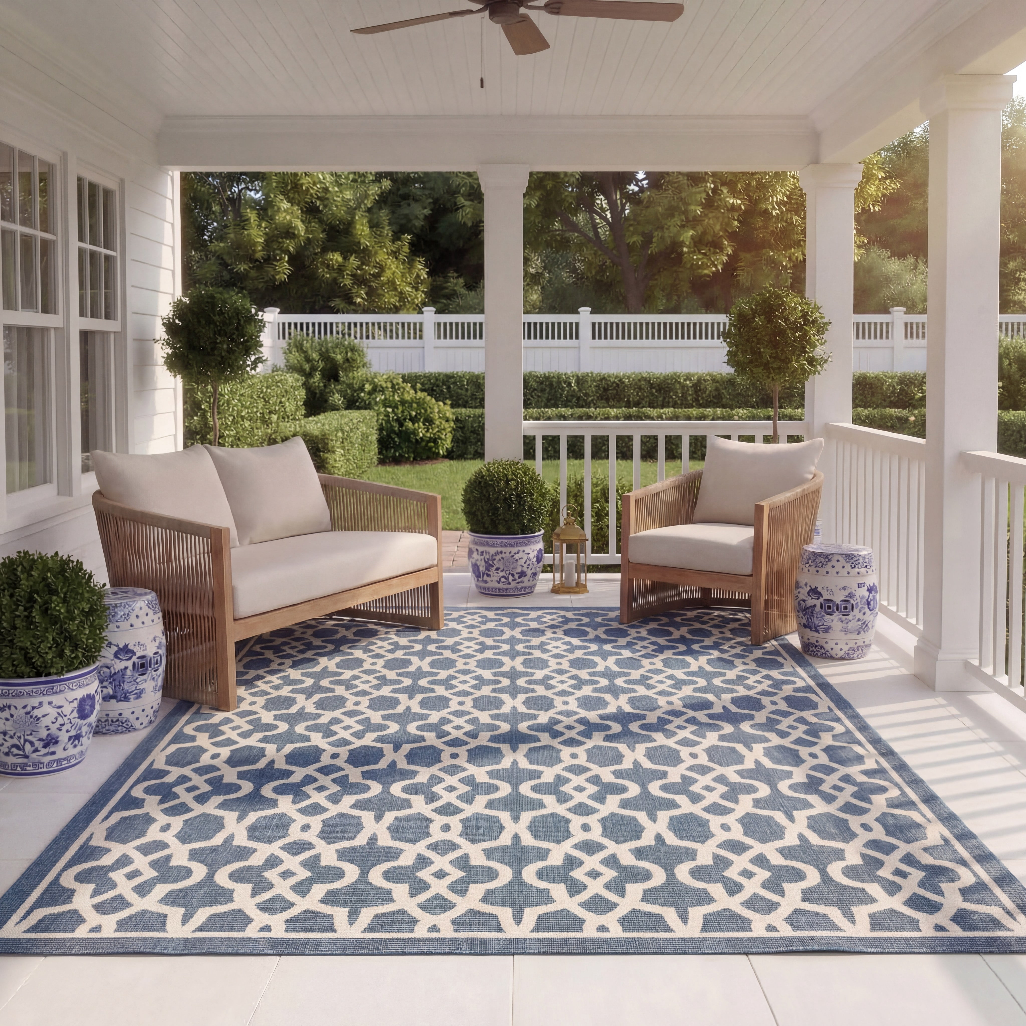 Safavieh Courtyard Carlos Oriental Indoor/Outdoor Area Rug, Navy/Beige, 6'7" x 9'6"