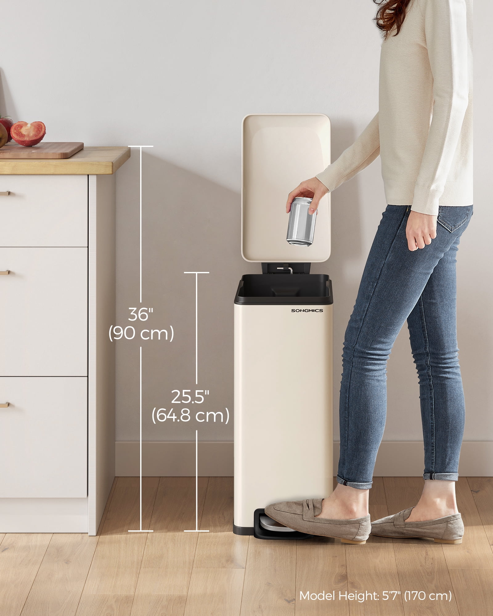 Slim 13-Gallon Trash Can - Stainless Steel Kitchen Garbage Bin with Soft-Close Lid, Pedal & Inner Bucket, 15 Bags Included, Sand Beige