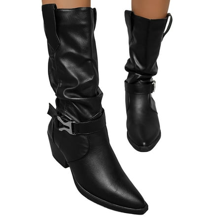GHSOHS Cowboy Boots for Women Mid Calf Boots for Women Mid Calf Boots Pointed Toe Leather Pleated Heel Western Cowgirl Boots Vintage Leather Cowboy Boots Long Riding Boot Shoes Tall Boots Size 38