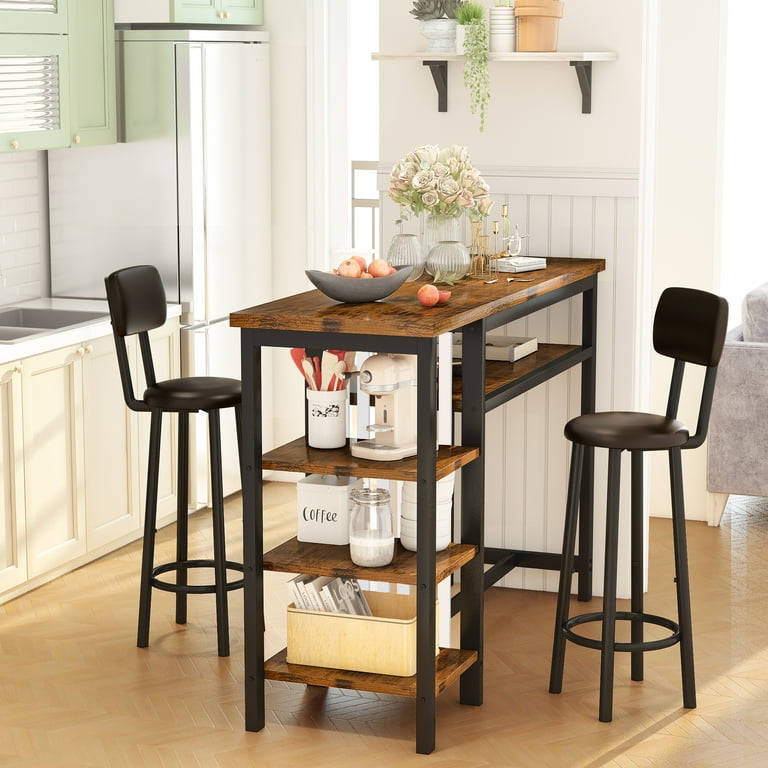 Awqm Bar Table and Chairs Set with Backrest for 2 Kitchen Counter Height Table Set with 4 Storage Shelves Modern Pub Table with 2 PU Upholstered