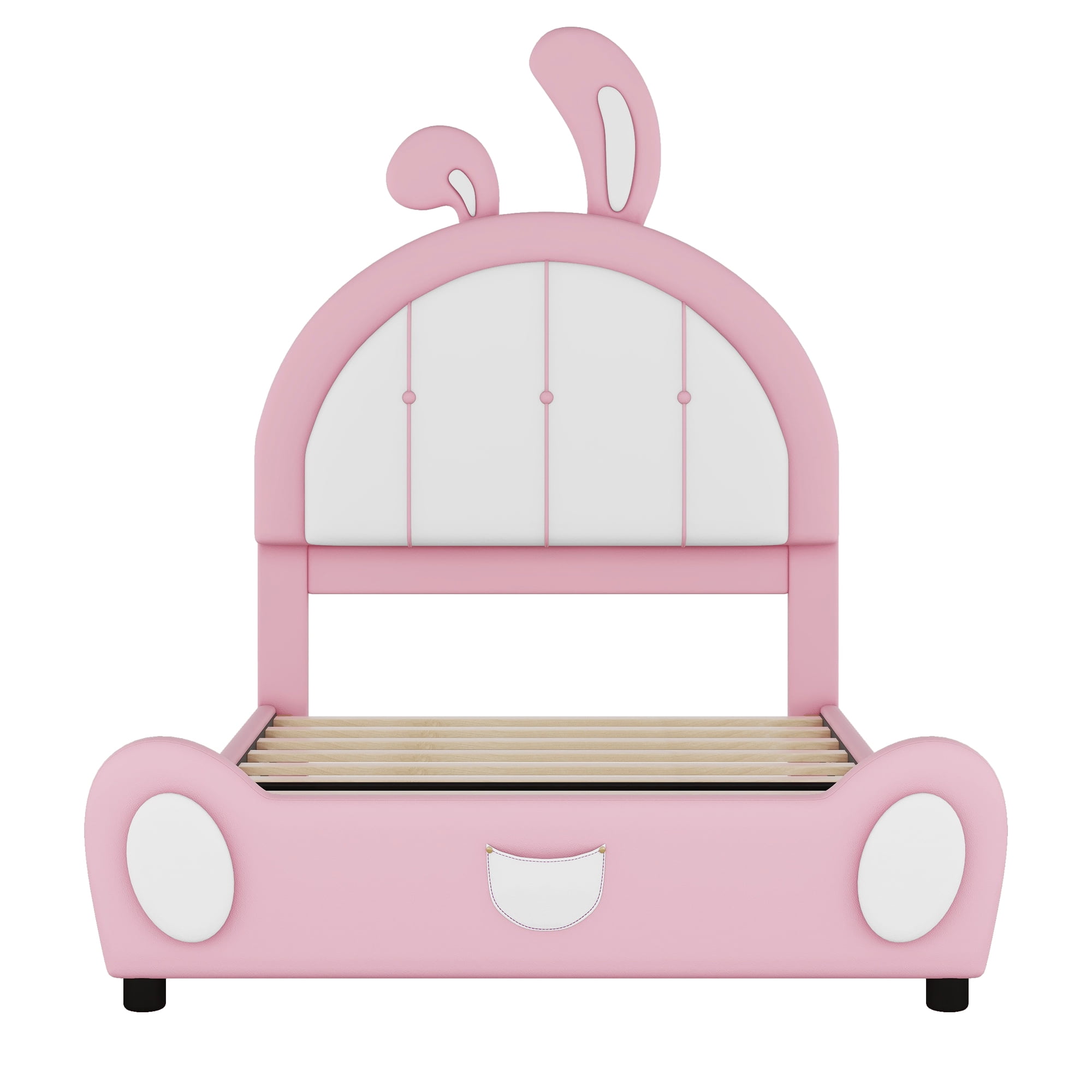 EUROCO Upholstered Twin Platform Bed, Cartoon Bunny Bed for Toddler Kids Teens, No Box Spring Needed, Pink